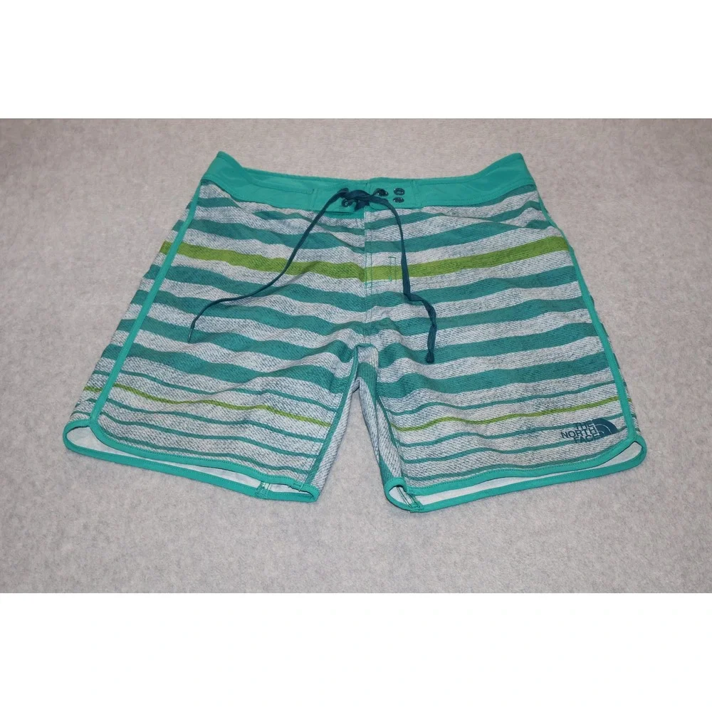 The North Face Board Shorts Mens 32 Green Striped Swim Trunks 7
